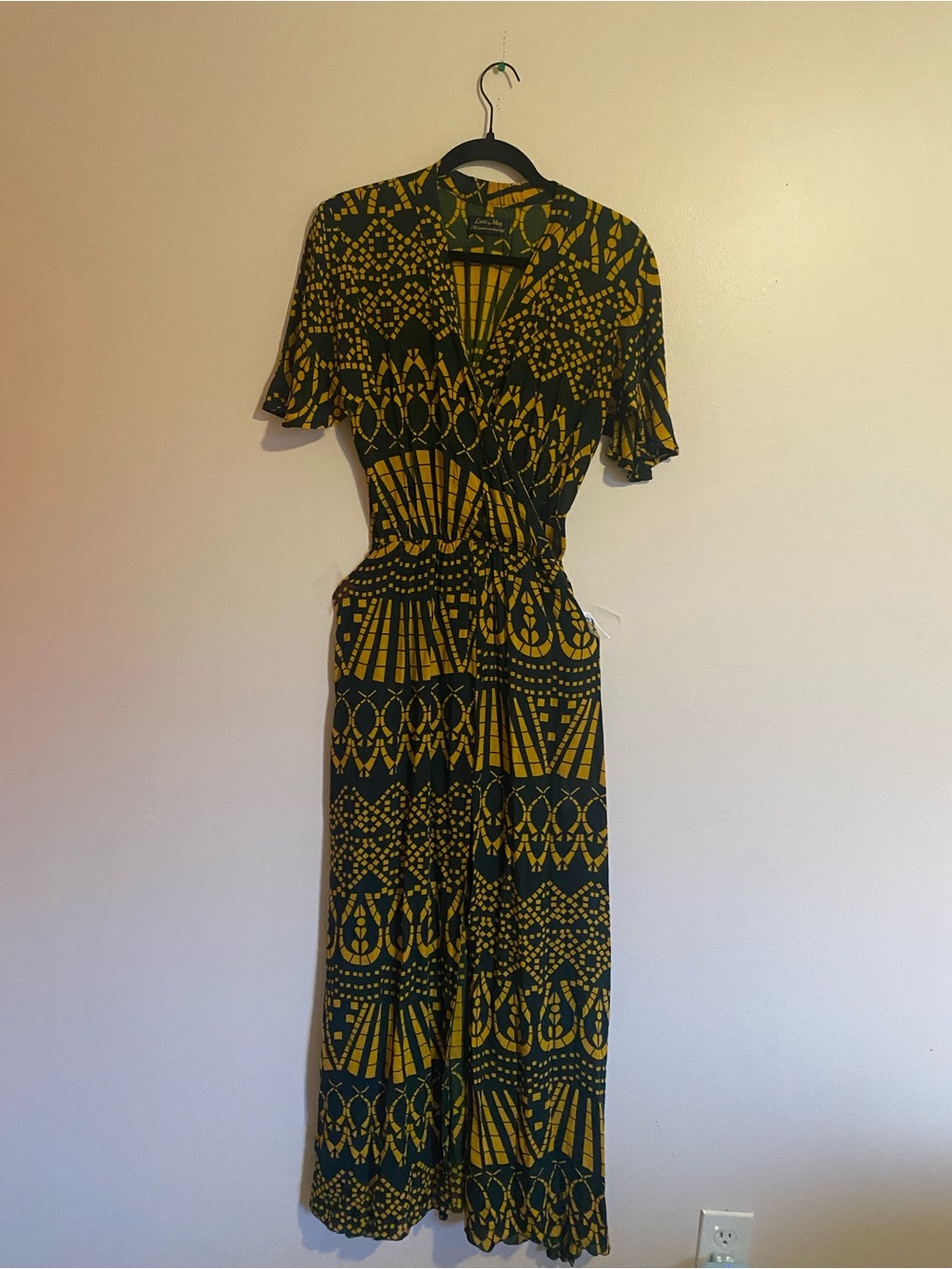 Luna May Yellow and Dark Green Printed Wrap-Style Women’s Dress